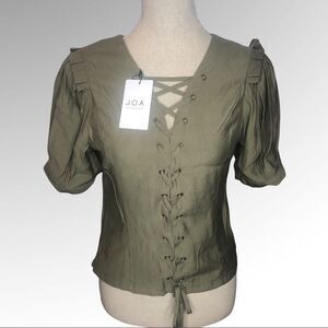 J.O.A Army Green Puff Sleeve Lace Up Back Blouse Size Medium New with Tags